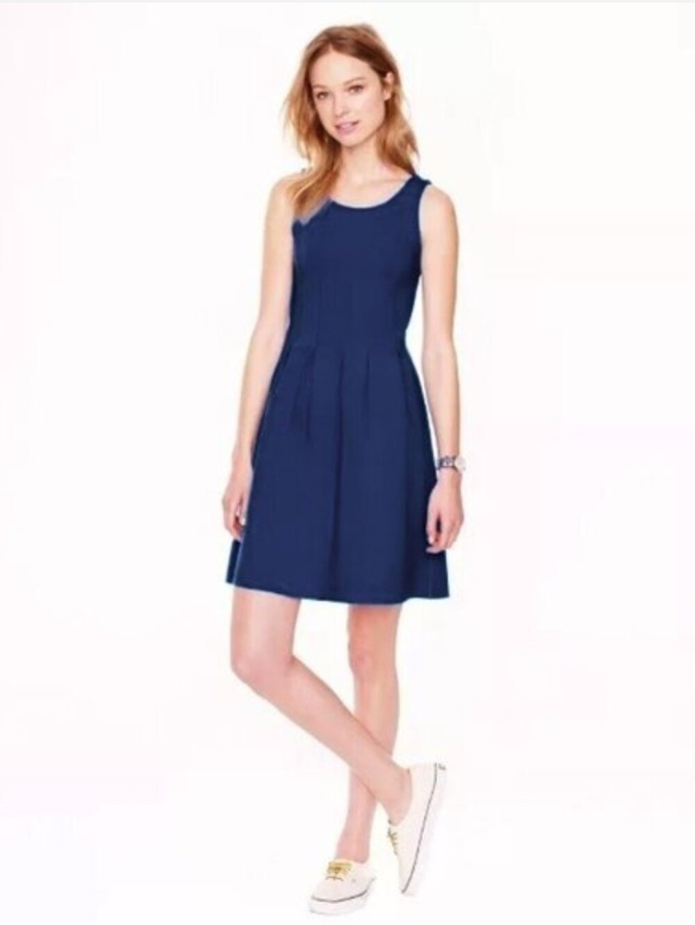 J Crew Navy Blue Scoop Neck Pleated Fit And Flare Dress Size 2
